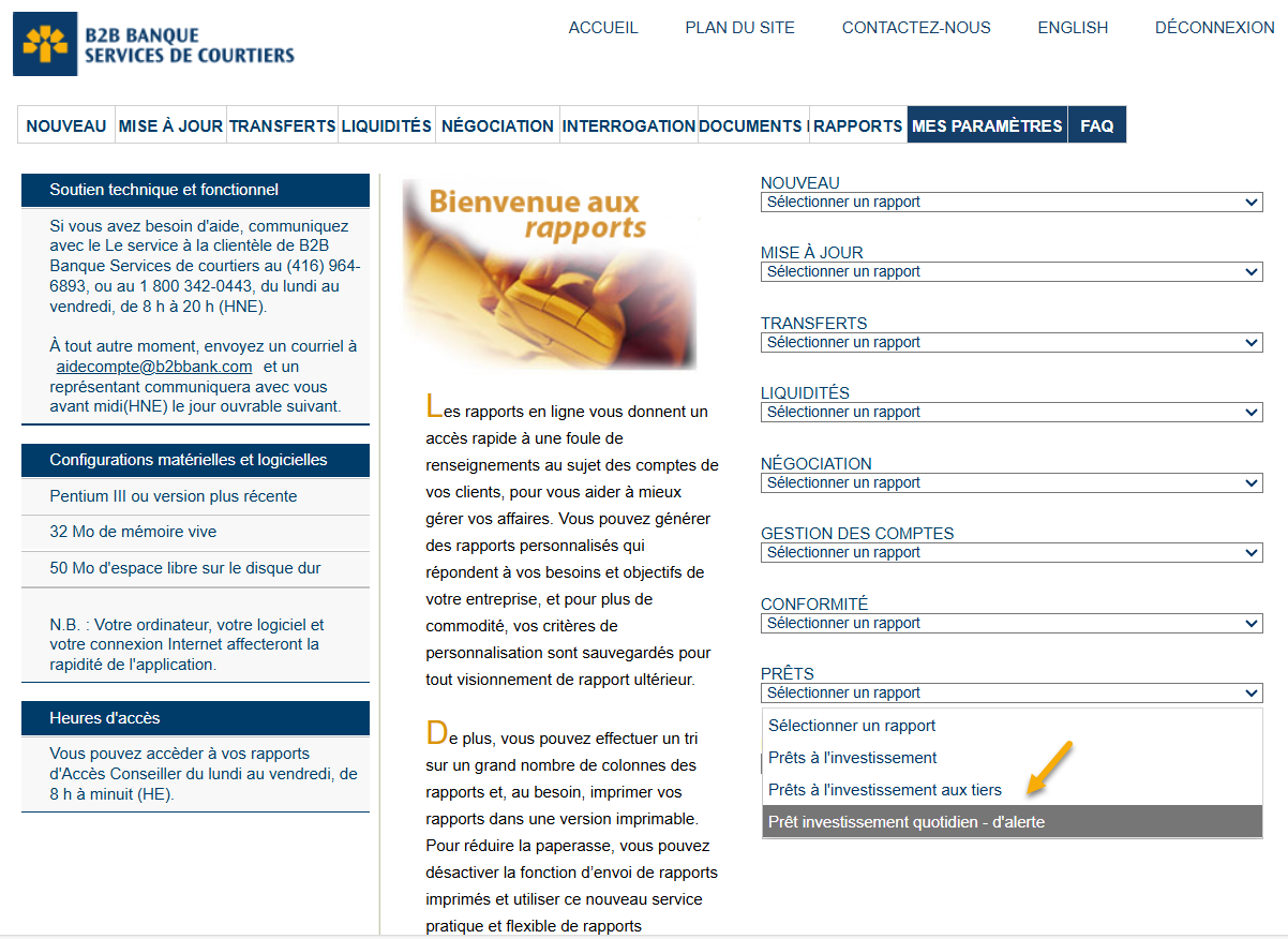 FAQ - Rapports - Prêt investissement quotidien d'alerte